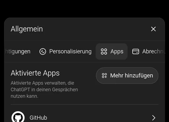 ChatGPT-Einstellungen mit ausgewähltem Apps-Reiter. Unter Aktivierte Apps stehen GitHub und der Abschnitt Erweiterte Einstellungen mit dem Button App erstellen.