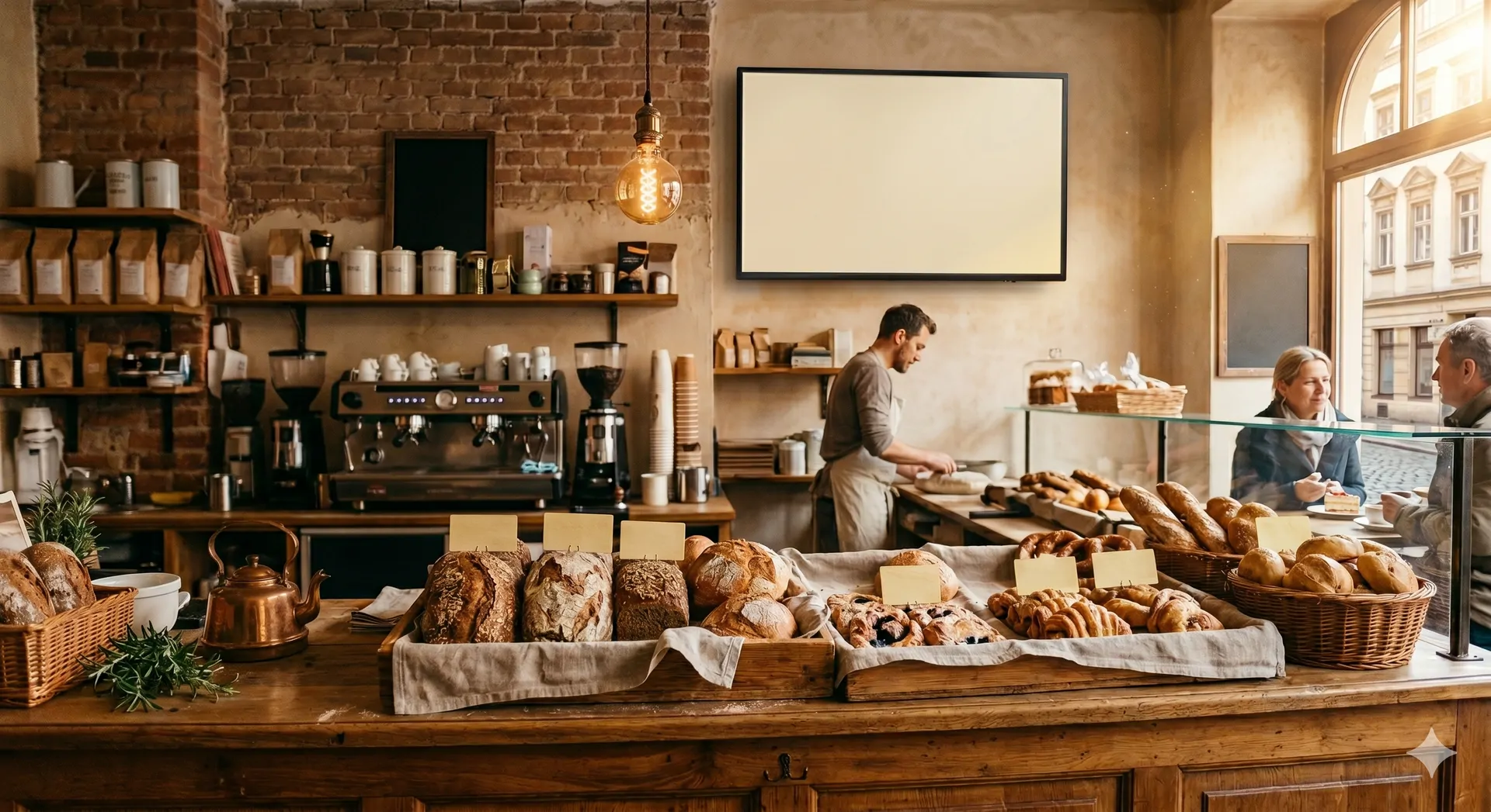 Innenansicht einer Stadtteil-Bäckerei mit Holztheke voller Brote, Backsteinwand mit Espresso-Maschine, einem wandmontierten Display und einem Mitarbeiter mit Kundinnen im Hintergrund.